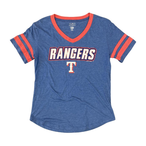 MLB Texas Rangers Baseball Women's Blue Retro Heathered Red V-Neck T-Shirt - SafeSavings