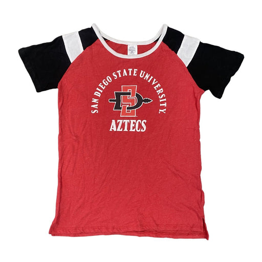 NCAA San Diego State SDSU Aztecs Women's Red Black Shoulder Short Sleeve T-Shirt - SafeSavings