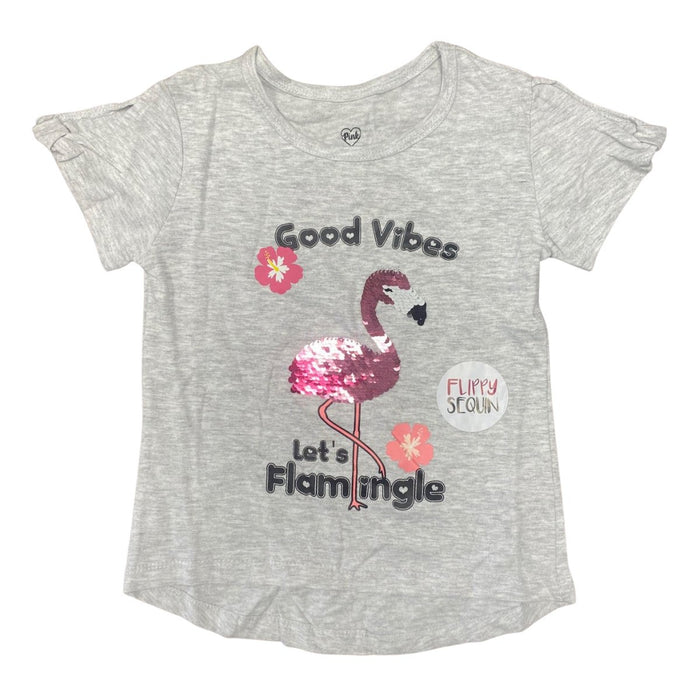 PINK VELVET Girl's Good Vibes Let's Flamingle Heather Grey T-Shirt with Sequin Design - SafeSavings